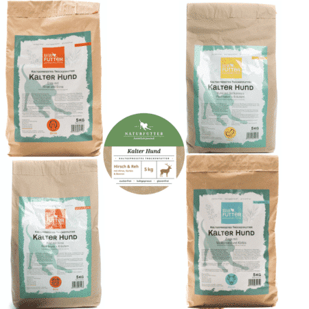 Kalter Hund Spar-Kombi - Naturfutter Trockenfutter" bei naturfutter.de - jetzt mit auch mit Kalter Hund Hirsch & Reh mit Hirse, Kürbis & Beeren.