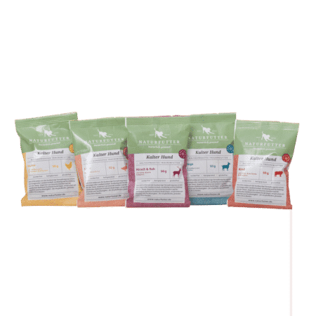 Kalter Hund Probier-Set | 5 x 50g Sachets - Naturfutter kaltgepresstes Trockenfutter