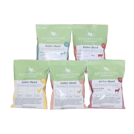 Kalter Hund Probier-Set | 5 x 50g Sachets - Naturfutter kaltgepresstes Trockenfutter
