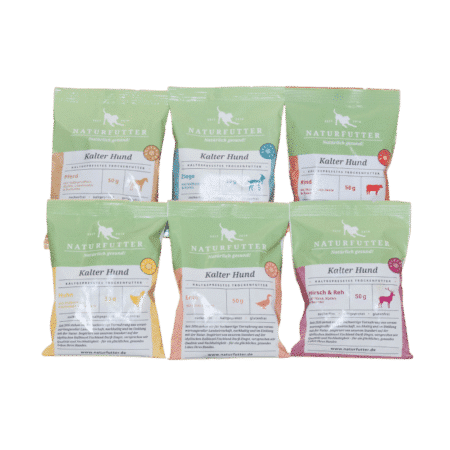 Kalter Hund Probier-Set | 6 x 50g Sachets - Naturfutter kaltgepresstes Trockenfutter